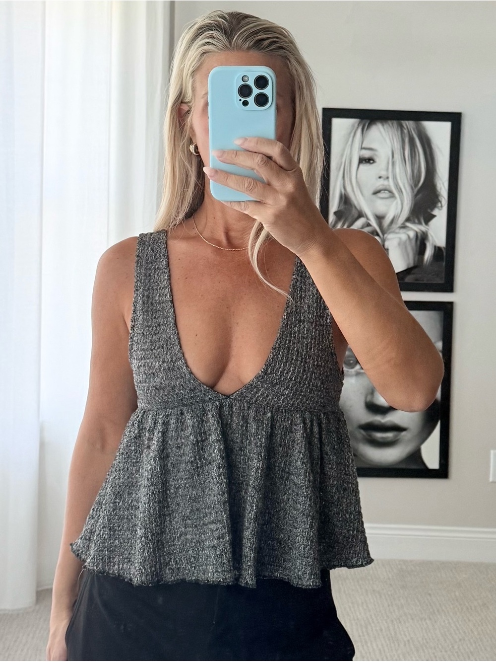 Urban Outfitters Gray Deep V Peplum Knit Tank